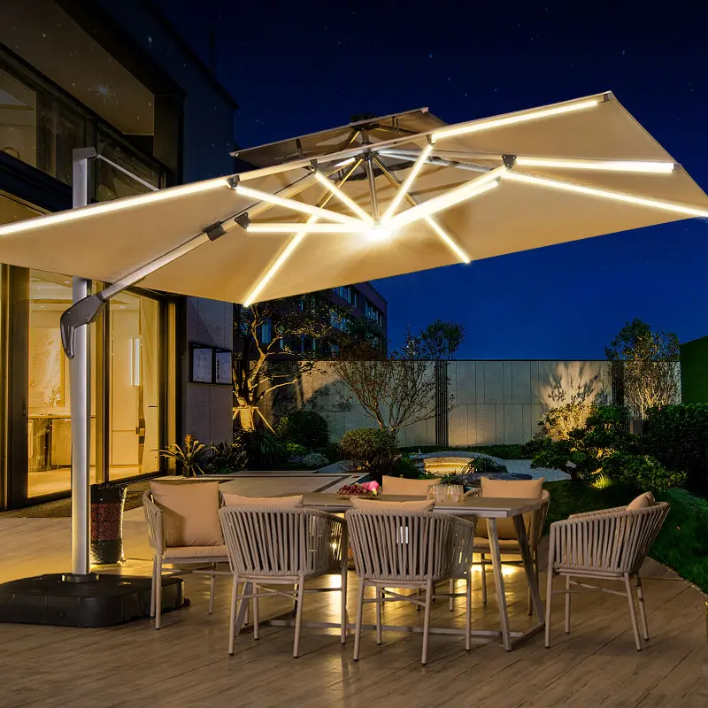 Solara Outdoor Solar LED Umbrella with LED lights at night