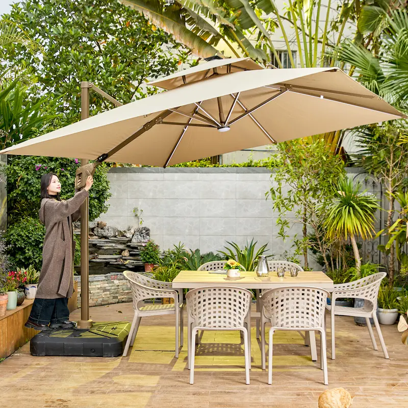 Solara Outdoor Solar LED Umbrella providing shade during the day